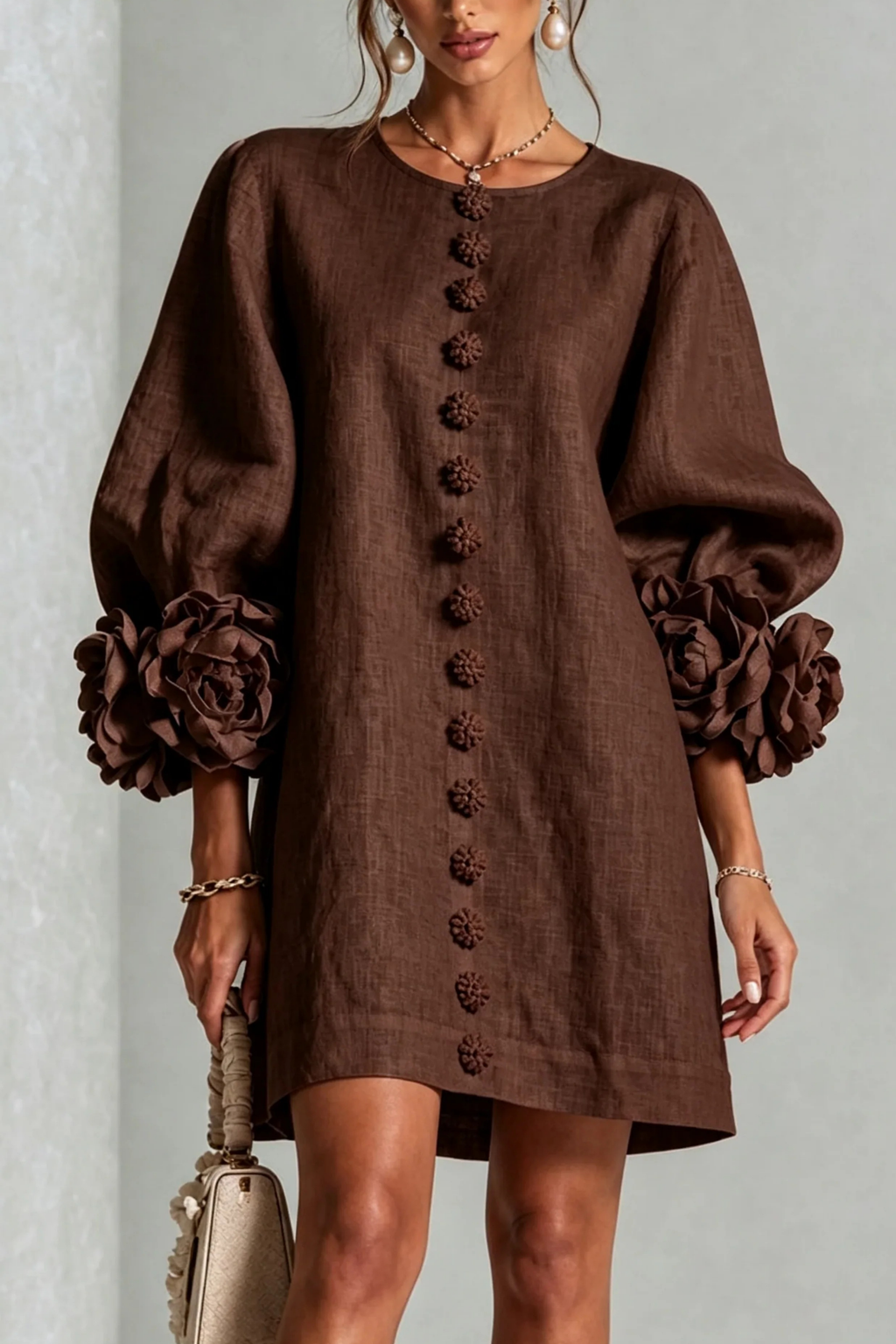 Button Detail Mini Dress Statement Sleeve Chic Style