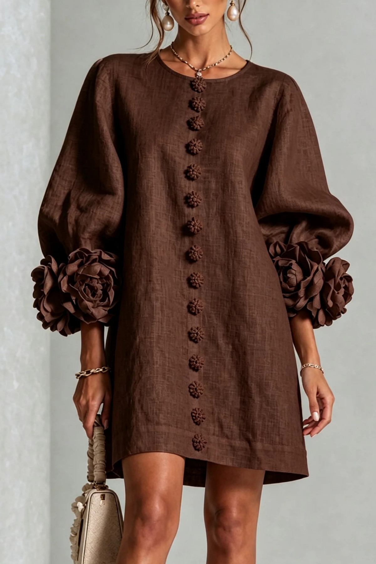 Button Detail Mini Dress Statement Sleeve Chic Style
