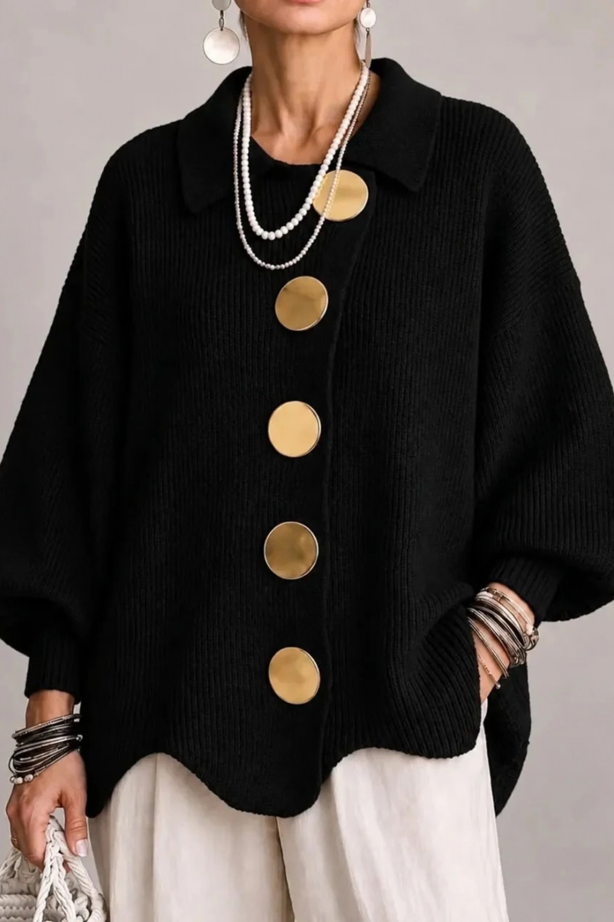 Oversized Cardigan Large Button Elegant Style
