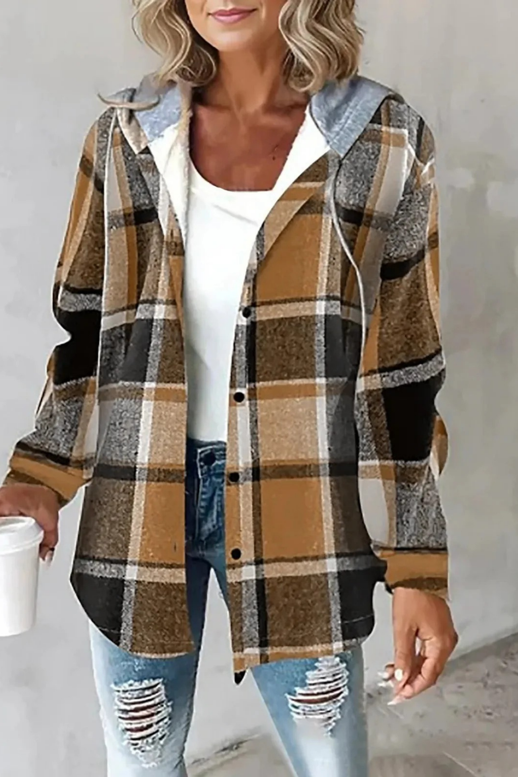 Plaid Hooded Jacket Button Front Casual Style