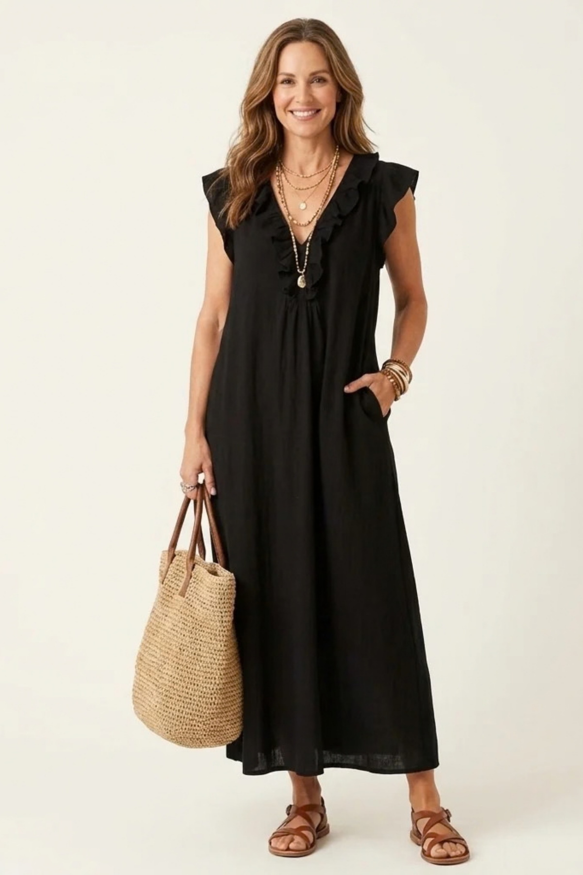 Maxi Dress Ruffle V Neck Relaxed Style