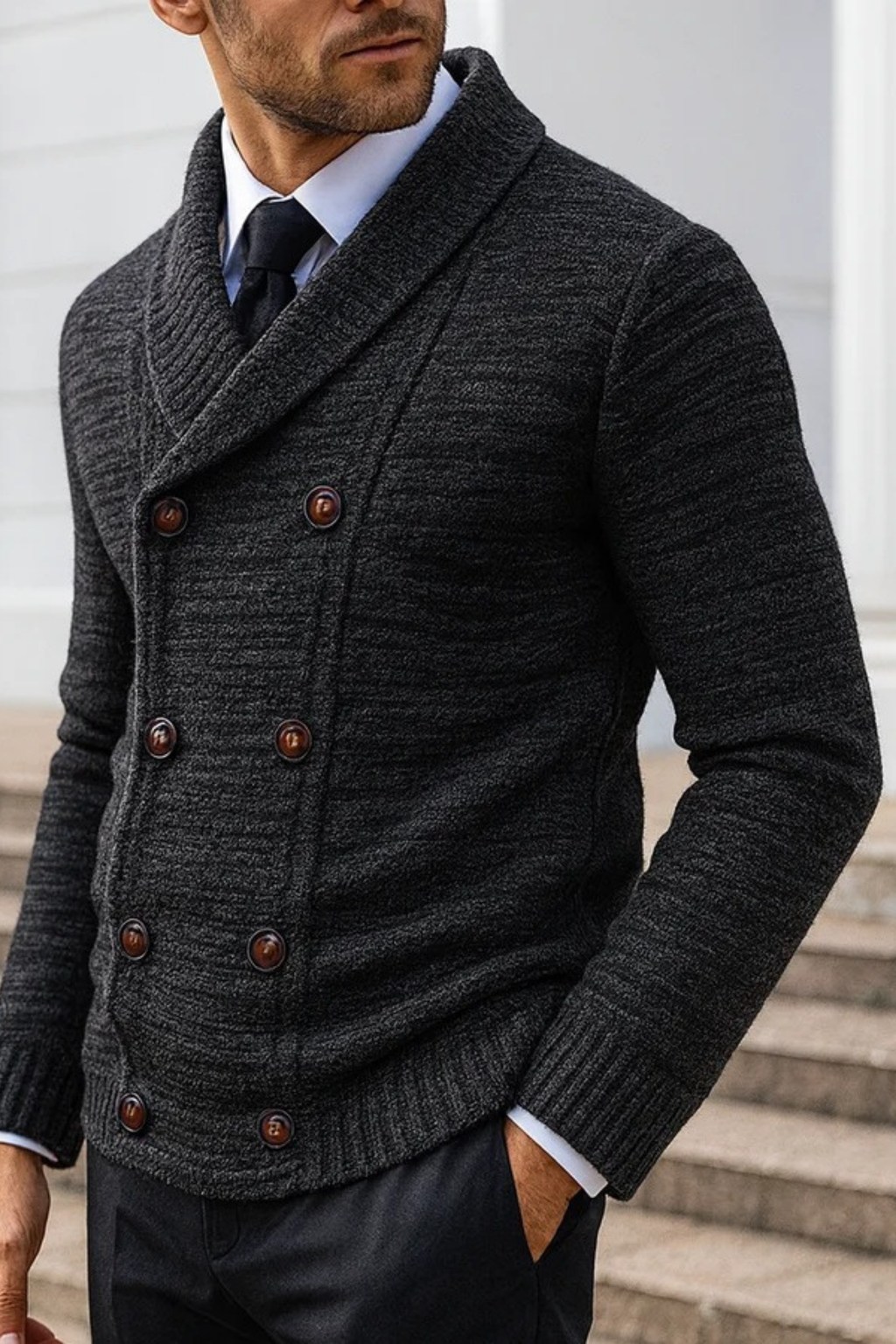 Double Breasted Knit Cardigan Smart Casual Style