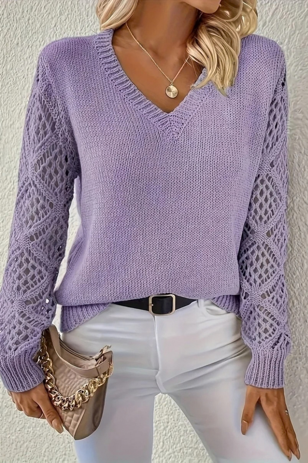 Women’s V-Neck Sweater Open Knit Sleeve Casual Style