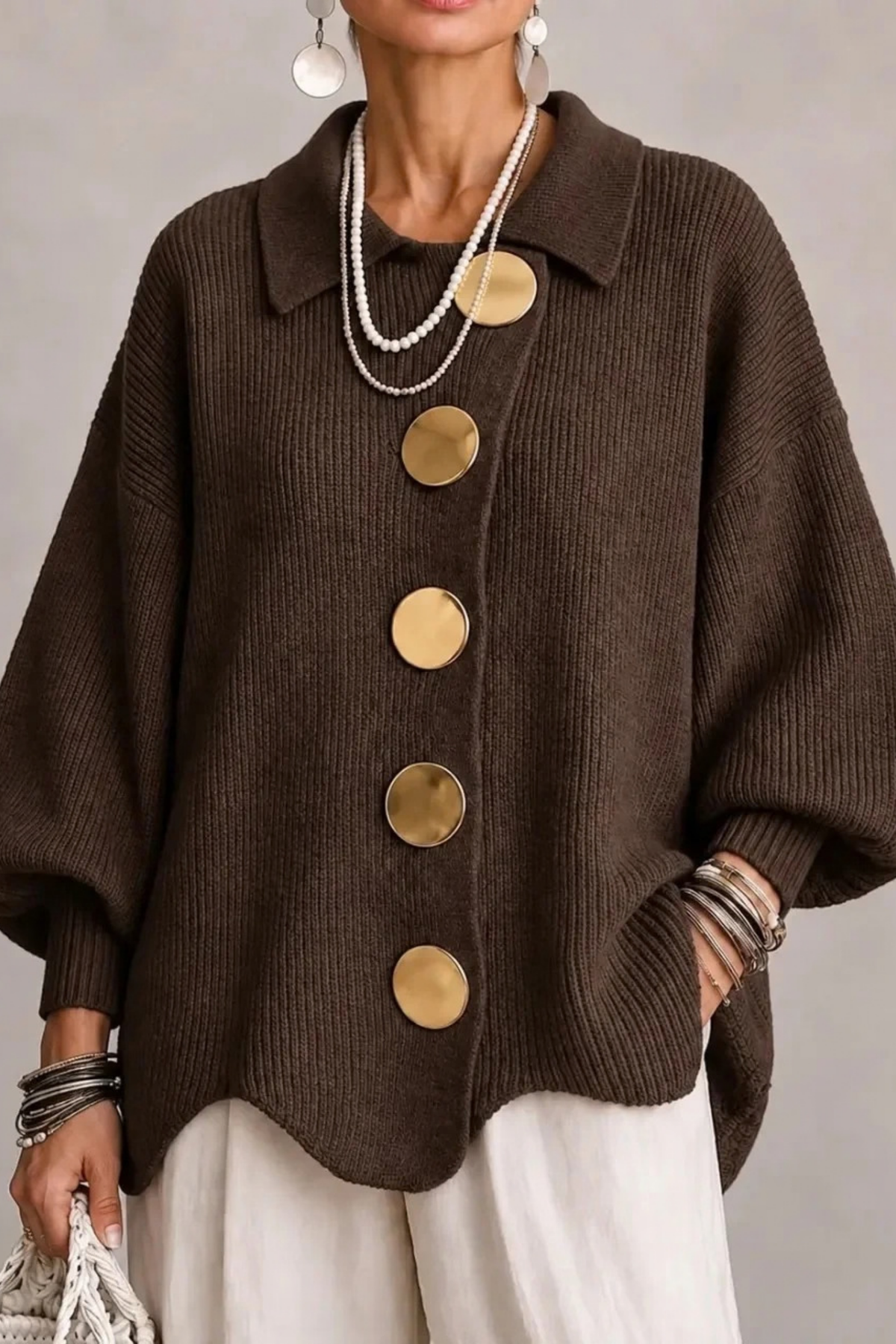 Oversized Cardigan Large Button Elegant Style