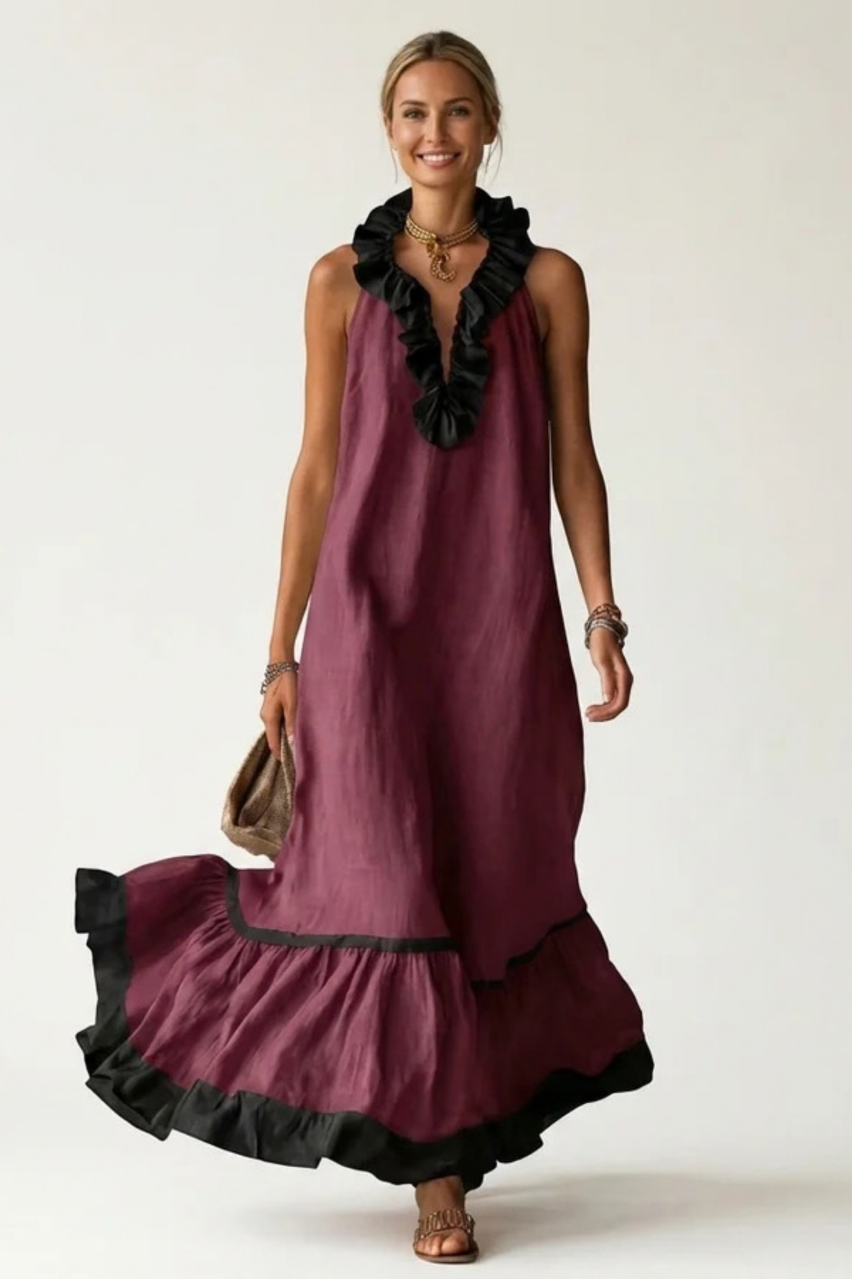 Maxi Dress Ruffle Neck Flowy Bohemian Style