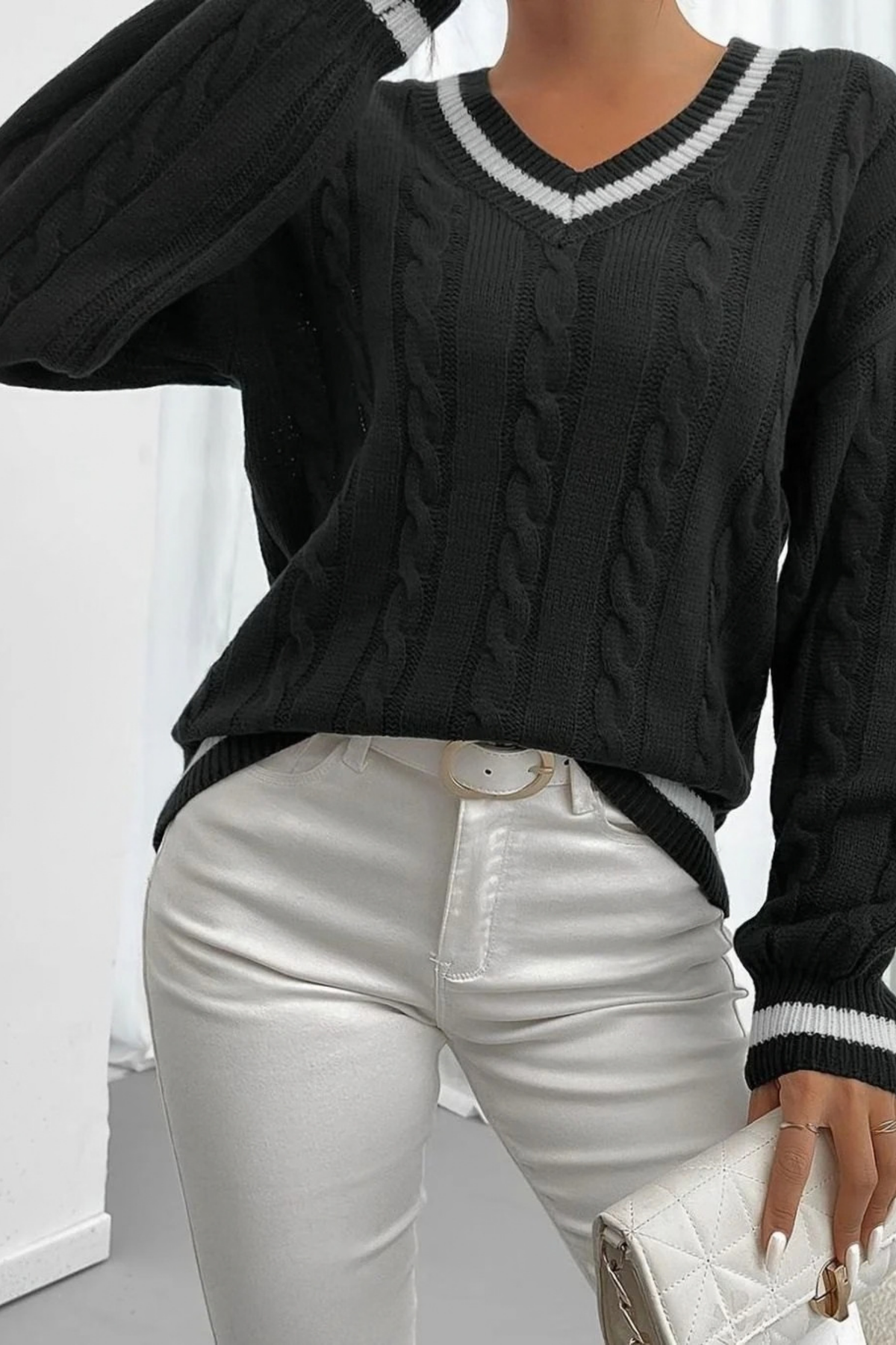Women’s V-Neck Sweater Striped Trim Classic Style