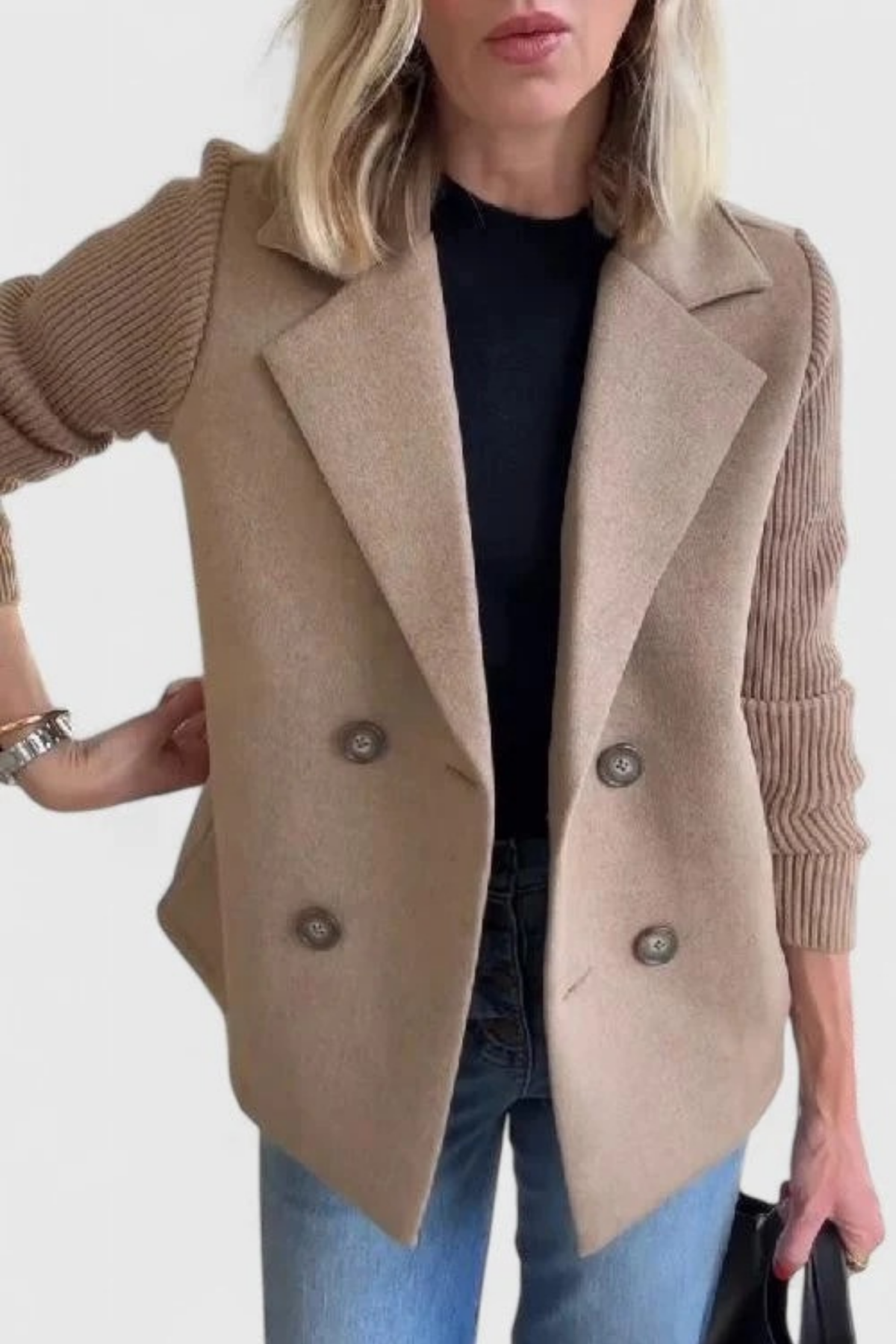 Double Breasted Blazer Knit Sleeve Elegant Style