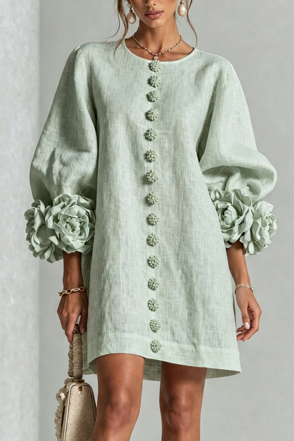 Button Detail Mini Dress Statement Sleeve Chic Style