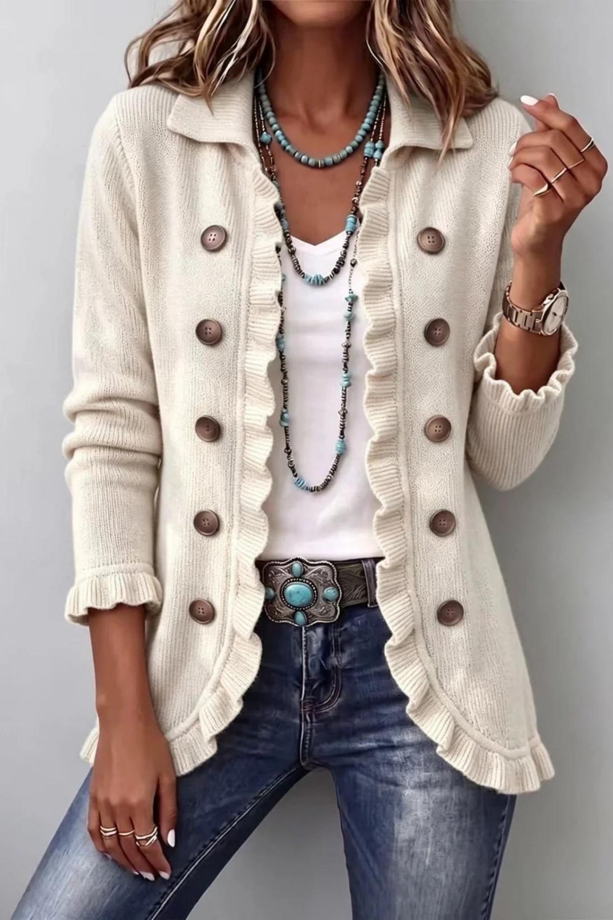 Women’s Ruffle Cardigan Double Breasted Elegant Style