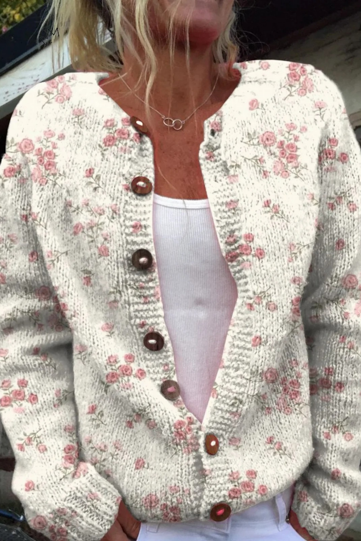 Rose Print Cardigan Button Detail Romantic Casual Style