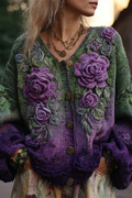 Rose Detail Cardigan V-Neck Artistic Feminine Style