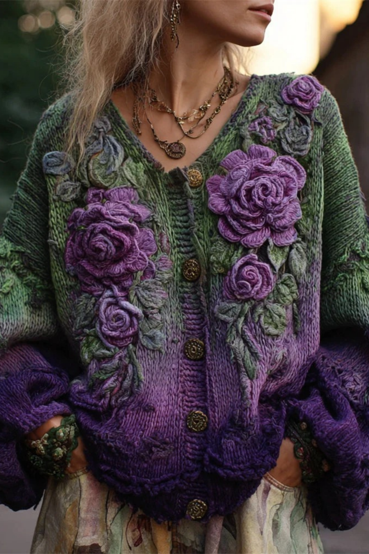 Rose Detail Cardigan V-Neck Artistic Feminine Style
