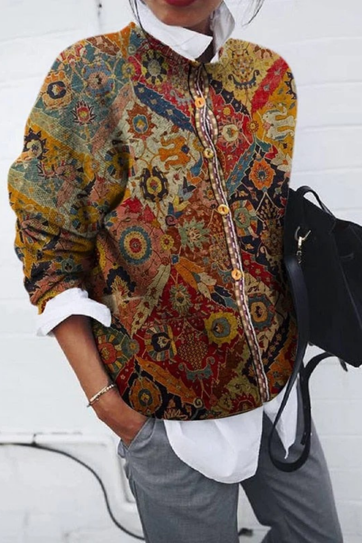 Printed Sweater Button Front Vintage Casual Style